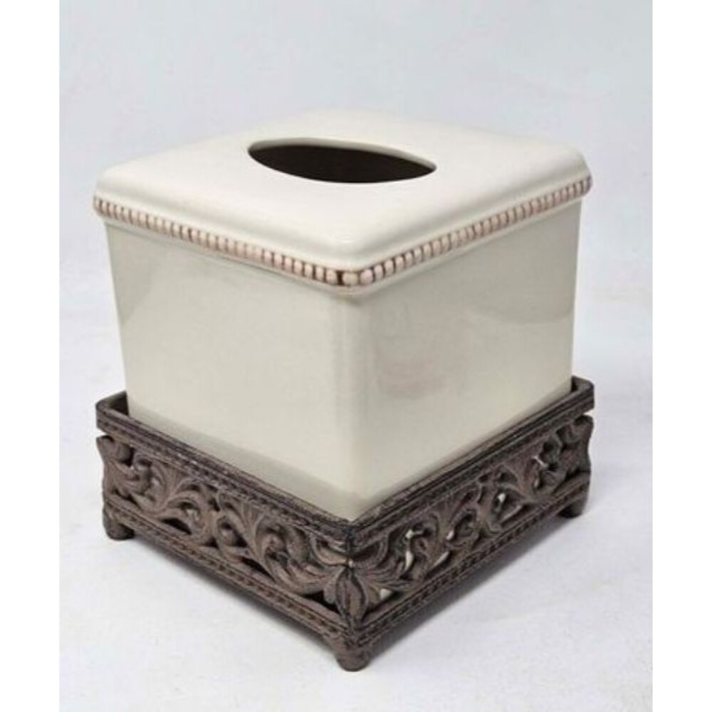The GG Collection Acanthus tissue box cover with cream ceramic top + metal base